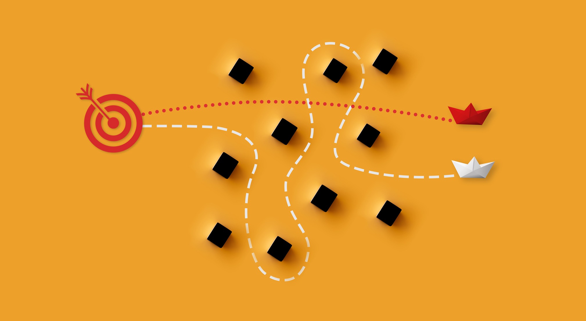 Das Bild zeigt ein rotes und ein weißes Papierschiff auf orangenem Untergrund aus der Vogelperspektive. Beide Schiffe steuern auf einen Zielpunkt zu. Zwischen den Papierschiffen und dem Zielpunkt liegen mehrere Hindernisse. Das rote Papierschiff steuert direkt auf den Zielpunkt zu, das weiße umschifft die Hindernisse. Das Bild symbolisiert den Lerneffekt professioneller Online-Panelisten, die Qualitätskontrollmaßnahmen umgehen, um möglichst viele Belohnungen einzusammeln.