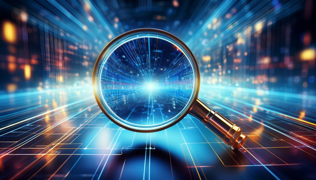 Auf diesem Bild ist eine Lupe vor einem futuristischen Hintergrund zu sehen, der Datenströme im Internet darstellt.