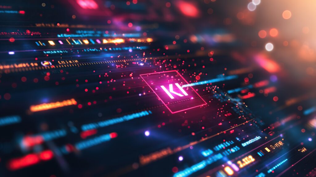 Auf dem Bild sind verschiedene bunte Datenpunkte zu sehen und in der Mitte ein heller Punkt, auf dem KI steht.