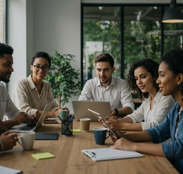 Gesunde Arbeit_gestalten_k Engagiertes Team bespricht Maßnahmen zur Gesunden Arbeit im Unternehmen